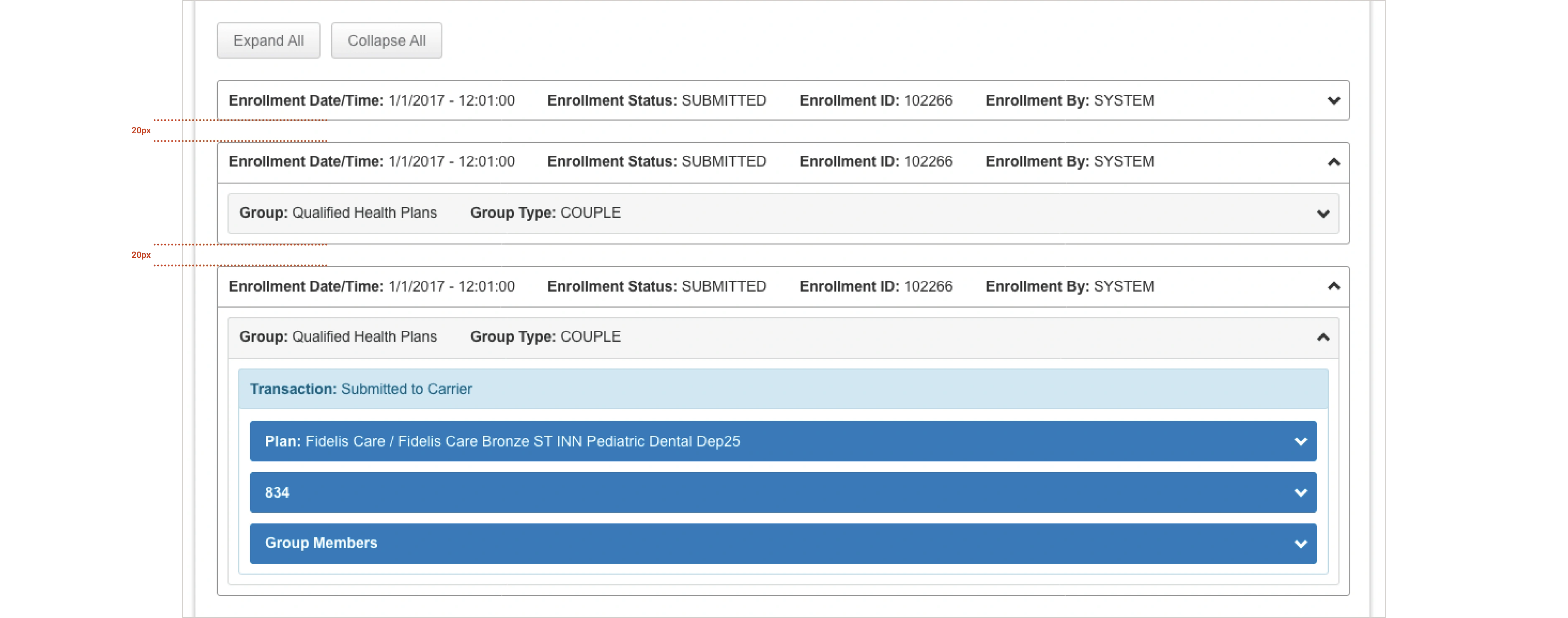 screenshot of proposed Back Office UI changes with specific spacing and font size adjustments